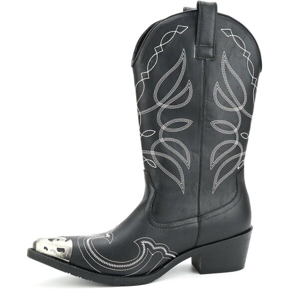 Men\'s Black Western Cowboy Retro Classic Embroidered Pull On Durable Boots main image 4